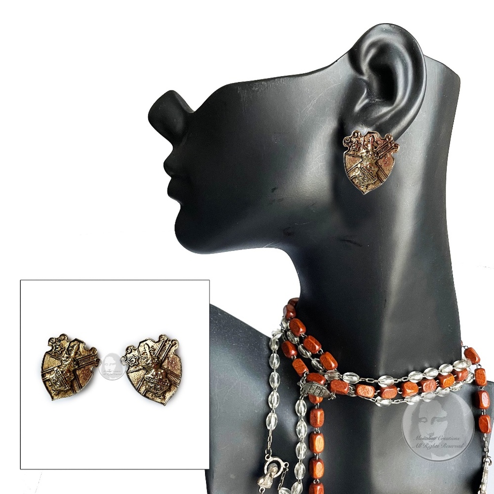Vintage Earrings Heraldic Shield Coat of Arms Fleur di Lis Clip Style